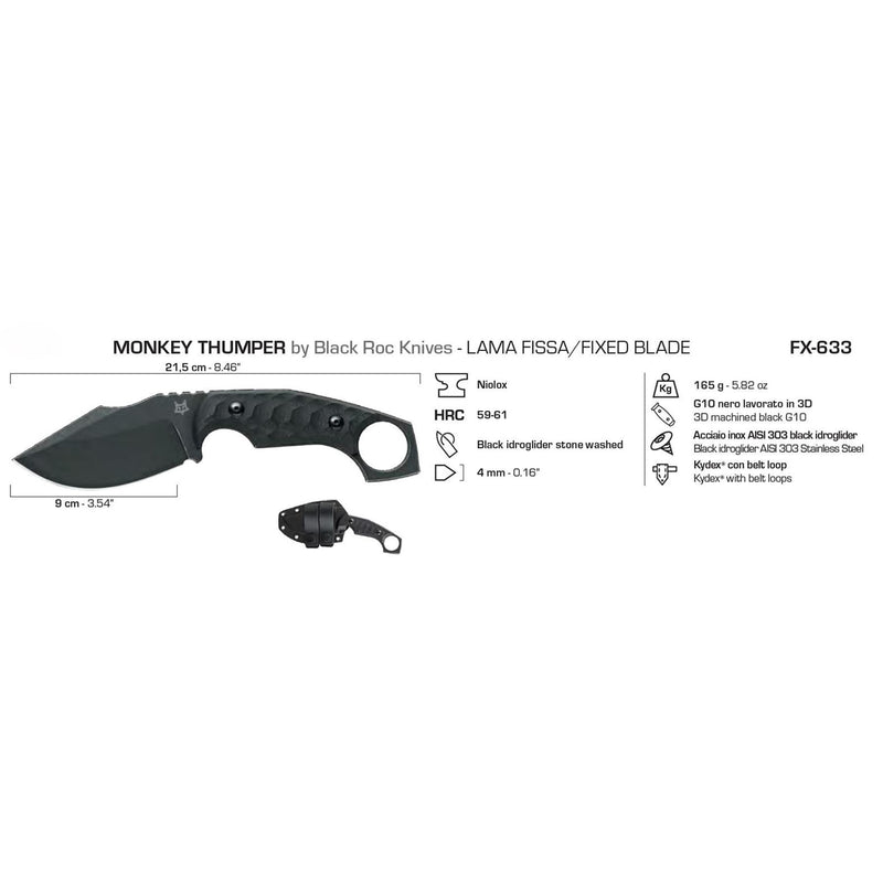 Fox Knives Monkey Thumper Blade fijo Niolox Acero Supervivencia de respaldo Táctico Táctico