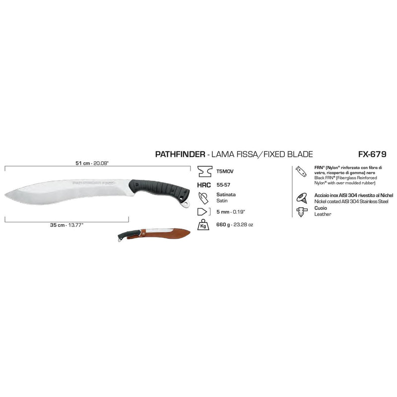 Fox Knives Pathfinder Machete 4116 X50CRMOV15 Herramienta múltiple de acero de acero para acampar múltiples