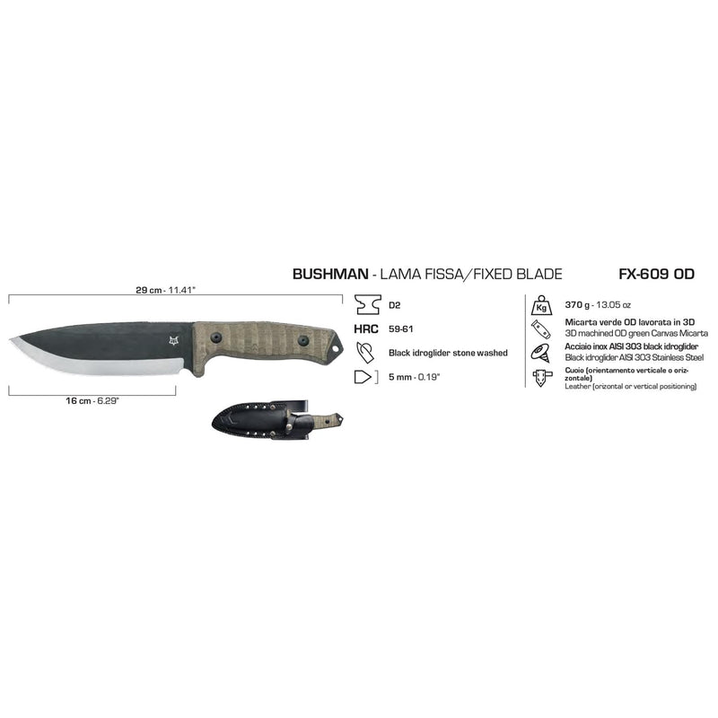 Fox Knives Bushman Cuchilla de cuchilla fija D2 Combate de supervivencia de acero Combate Micarta Mango