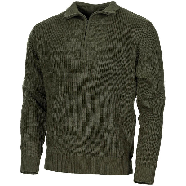 MFH Brand Troyer Style Sweater Quarter Zip Jumper RIV Knit Olive Pulster NUEVO