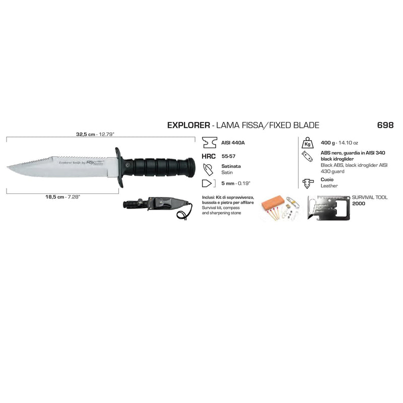 Fox Knives Explorer Military Knife fijo 55-57 HRC 440 Kit de supervivencia de cuchilla de acero