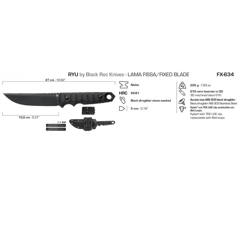 Fox Knives Ryu Tactical Modificado Tanto Forma Fijar cuchilla Fijar Stone Stone Black