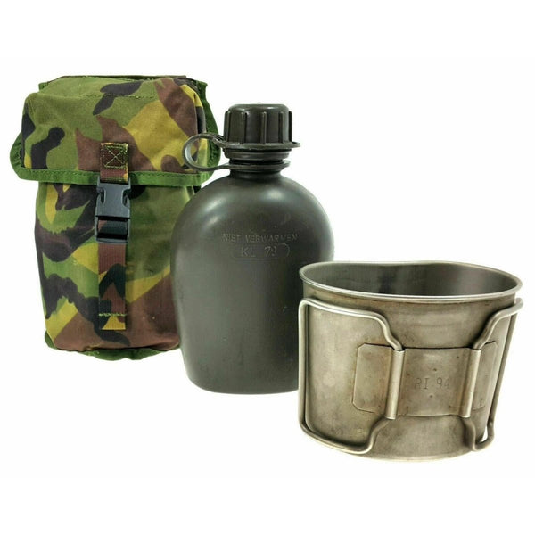 Cantina del ejército holandés genuino W Pouch y copa de acero inoxidable DPM Camuflaje Molle