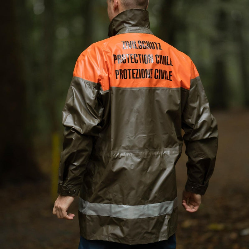 Chaqueta de lluvia suiza original Protección civil de oliva Implaz de agua Azulario nuevo nuevo