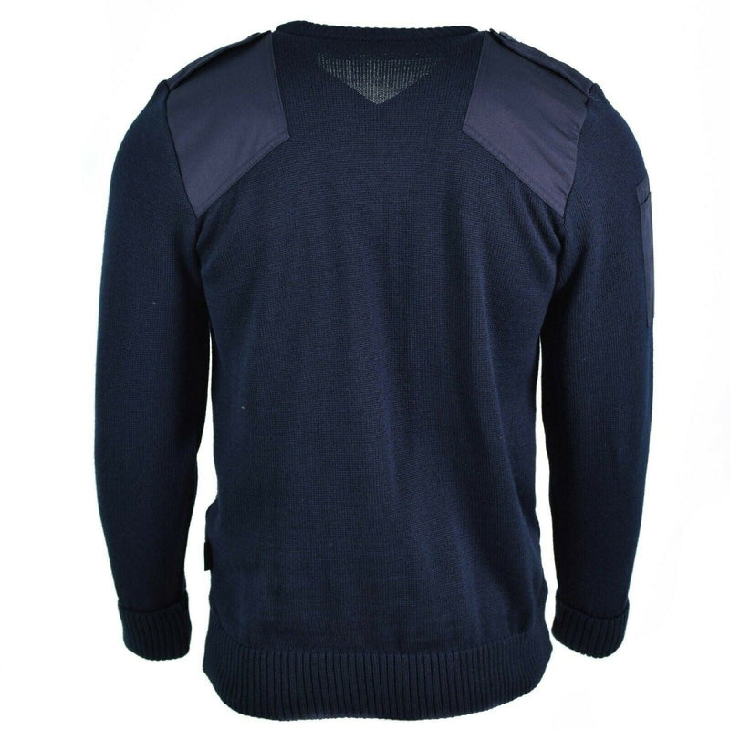 Original British army police pullover Commando Jumper blue rib knitted waist and cufs V-neck sweater reinforced elbows