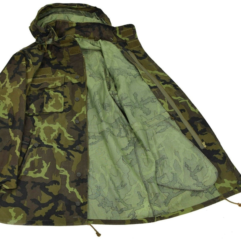 Vintage Czech army military combat CZ 95 camo field jacket parka hooded hook and loop rank name attachments