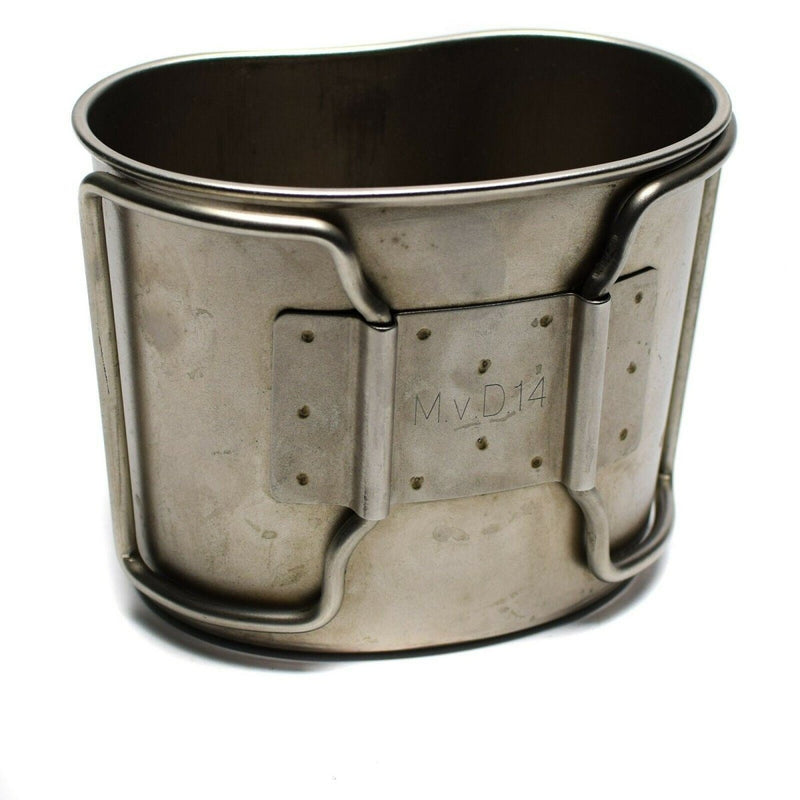 Original Dutch army canteen cup mug mess stainless steel pot bushcraft butterfly handles gray